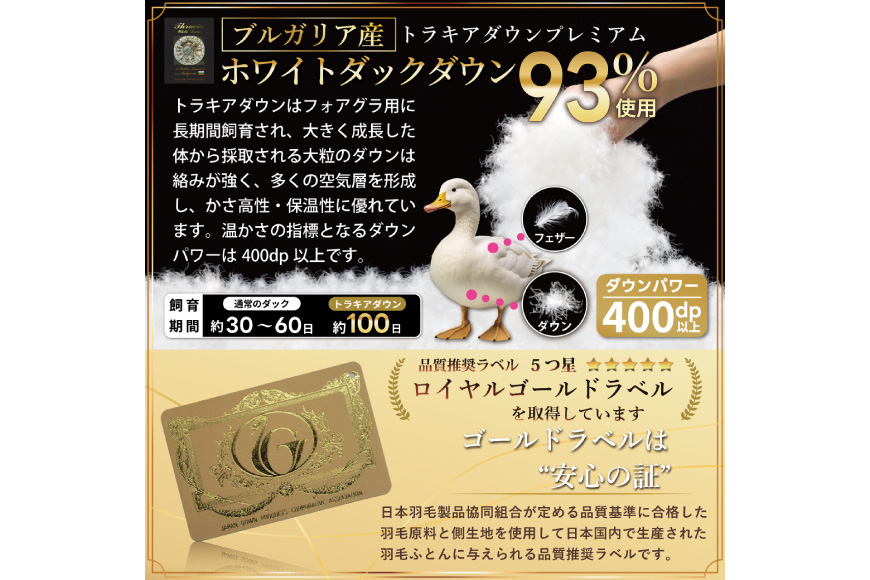 羽毛布団 本掛け ホワイトダックダウン93％ セミダブル 1.5kg 80番手サテン 綿100％ アイボリー ブルガリア産 冬用 布団 ふとん 羽毛 羽毛掛け布団 寝具 ロイヤルゴールド 400dp 収納袋付 日本製 国産 増量 無地[川村羽毛 山梨県 韮崎市 20745161]