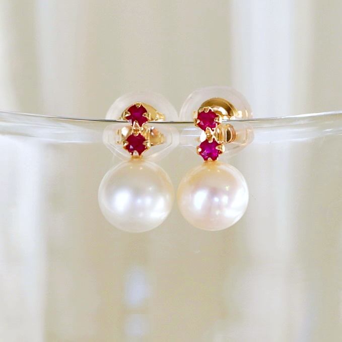K10YG(10金) イエローゴールド パール & ルビー シンプル suスタッド ピアス 保証書付 759 242-061-a