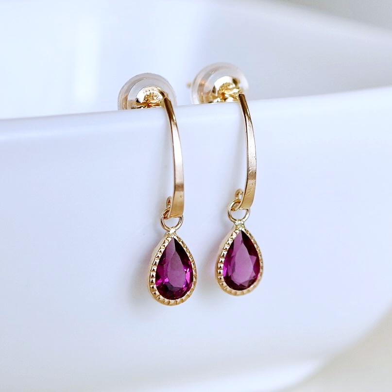 K10YG(10金) イエローゴールド 揺れる ロードライトガーネット アンティーク ピアス 保証書付 SR-2223-1 242-043-e