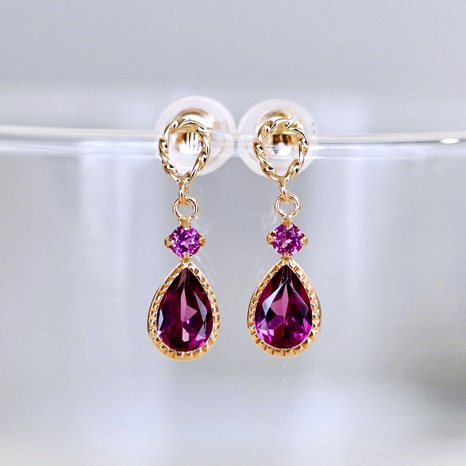 K10YG(10金) イエローゴールド 揺れる ロードライトガーネット アンティーク ピアス 保証書付 SR-2254 242-060-b