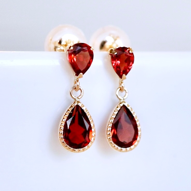 K10YG(10金) イエローゴールド 揺れる ガーネット アンティーク ピアス 保証書付 SR-2261 242-050-e