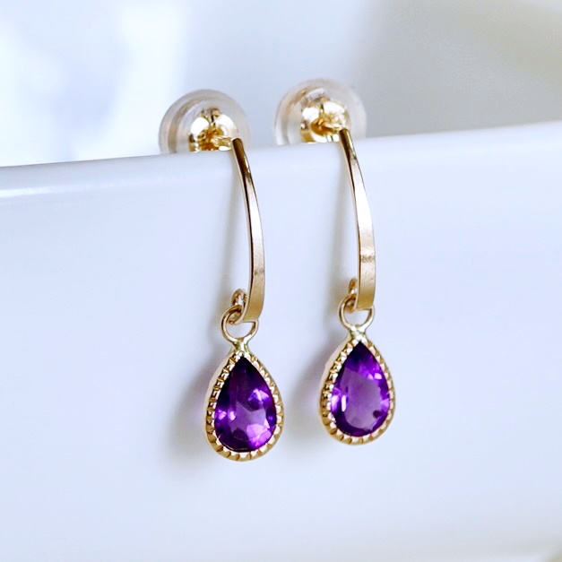 K10YG(10金) イエローゴールド 揺れる アメシスト アンティーク ピアス 保証書付 SR-2223-1 242-043-a