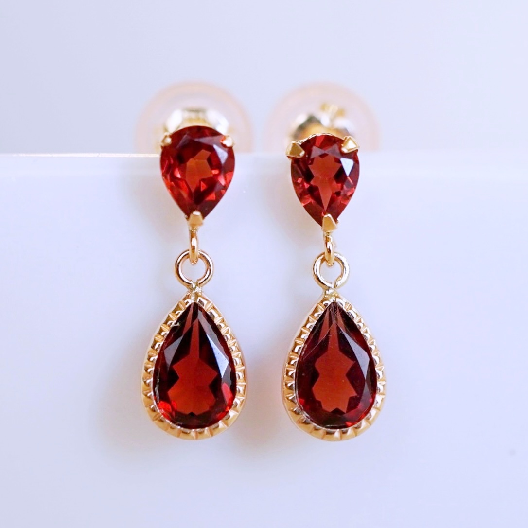 K10YG(10金) イエローゴールド 揺れる ガーネット アンティーク ピアス 保証書付 SR-2261 242-050-e