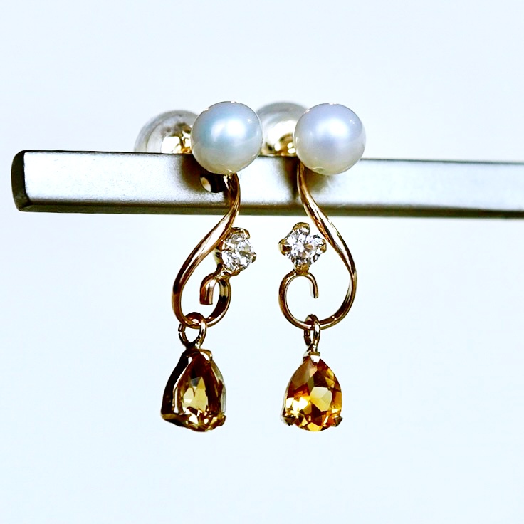 K10YG(10金) イエローゴールド シトリン パール ピアス 揺れる 保証書付 2066 242-051-a