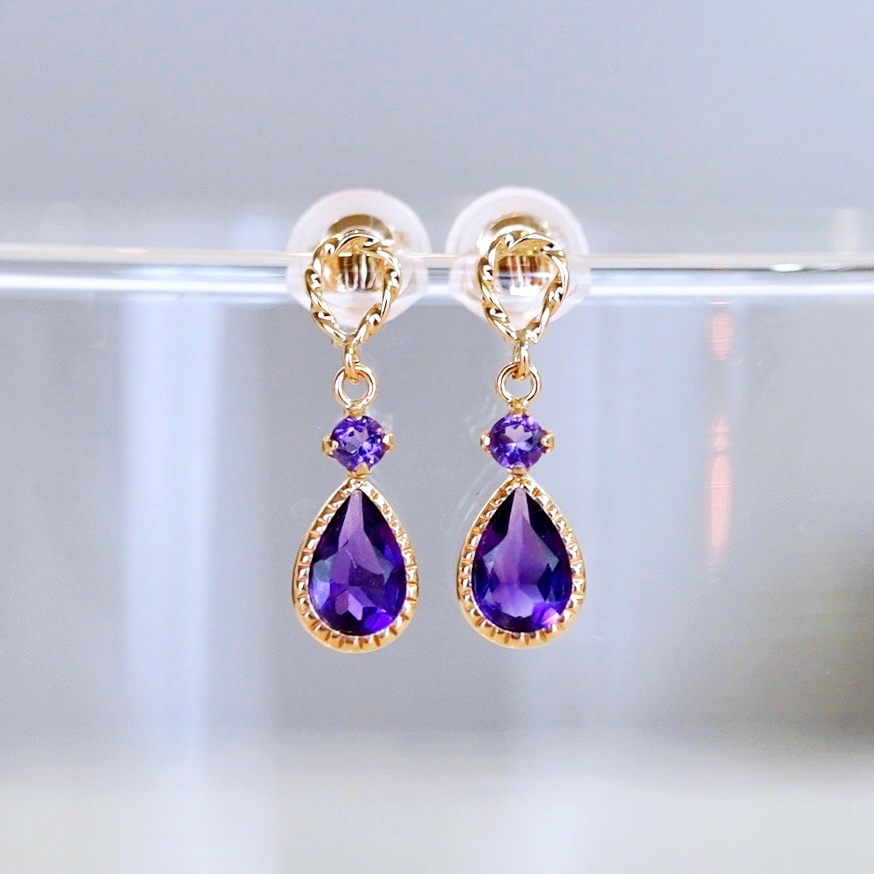 K10YG(10金) イエローゴールド 揺れる アメシスト アンティーク ピアス 保証書付 SR-2254 242-060-c