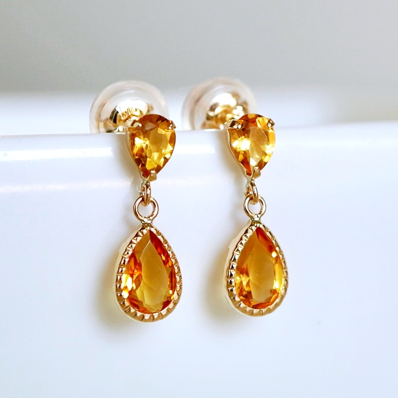 K10YG(10金) イエローゴールド 揺れる シトリン アンティーク ピアス 保証書付 SR-2261 242-050-b