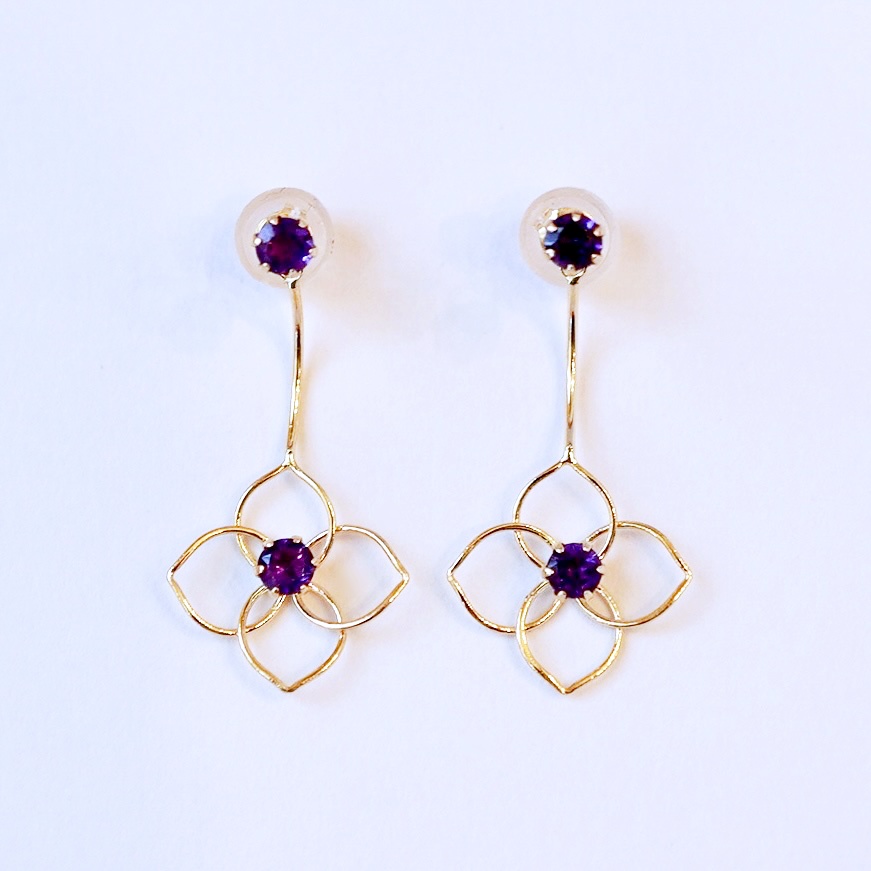K10YG(10金) イエローゴールド 2WAY アメシスト フラワー 地金 ピアス 保証書付 2158 242-057-c