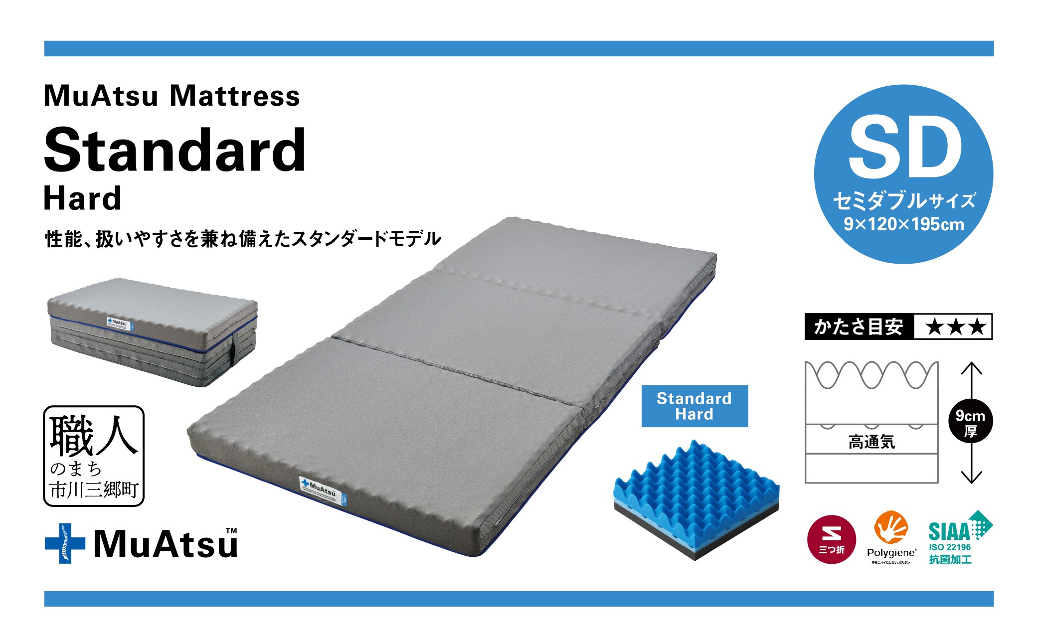 ムアツ マットレス スタンダード セミダブル 三つ折り 折りたたみ マットレス 約 10cm 敷布団 敷き布団 寝具 ハード シーツ 専用シーツ付 綿 ブルー 昭和西川 体圧分散 通気性 寝返りサポート 理想的な寝姿勢 快眠 不眠解消 夫婦 背骨 不眠 蒸れにくい 新生活 健康 熟睡 引越し ふとん [5839-8450]