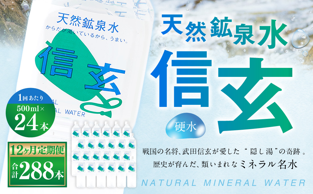 【12ヶ月定期便】天然鉱泉水「信玄」ナチュラルミネラルウォーター 500ml × 24本入