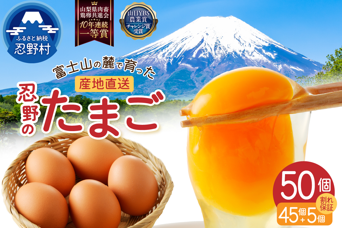 【7月配送分】富士山の麓で育った産地直送 ”忍野の卵”※卵45個+割れ保証5個　計50個