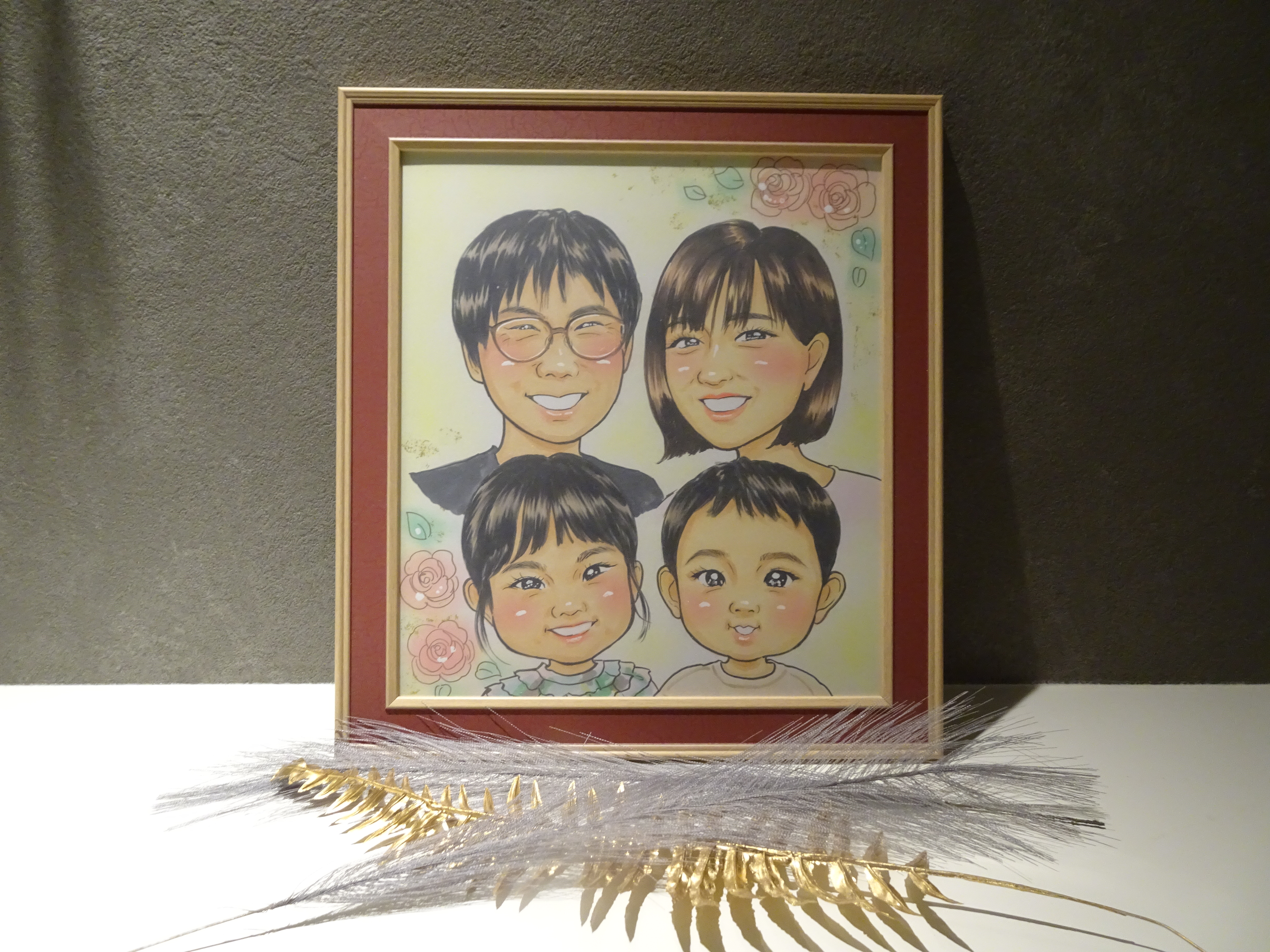 本格オーダーメイド 似顔絵 （色紙サイズ・額付） 5名 ペットも描きます