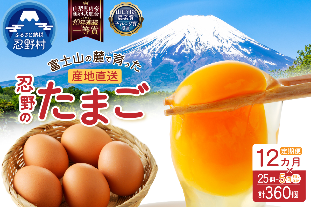 【12か月定期便】富士山の麓で育った産地直送 ”忍野の卵”※卵25個+割れ保証5個　計360個