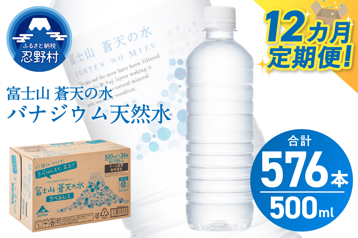 【12ヶ月定期便】富士山蒼天の水 500ml×48本（2ケース）ラベルレス