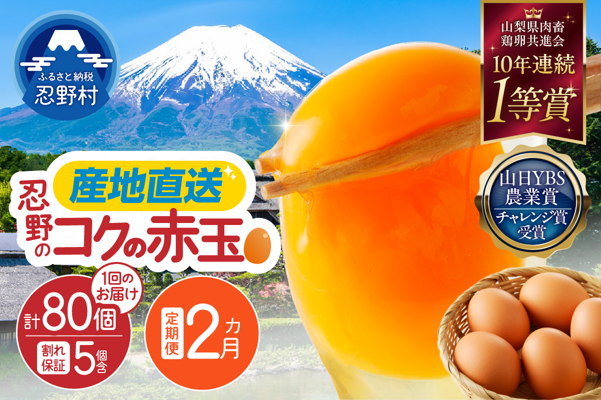 【2ヶ月定期便】富士山の麓で育った産地直送 ”忍野の卵”※卵75個+割れ保証5個　計160個