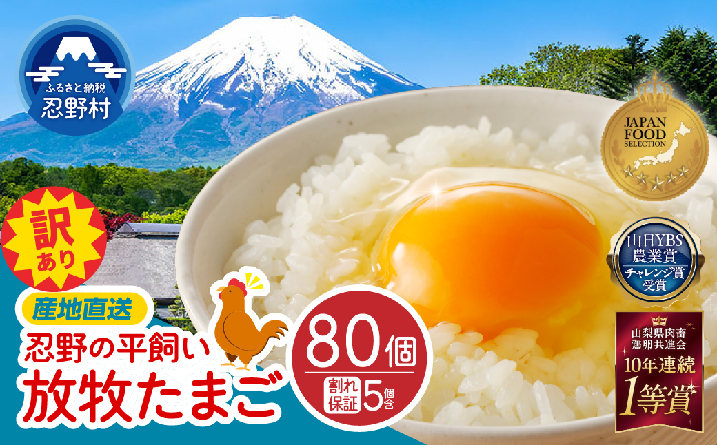 【訳あり】忍野の平飼い放牧卵80個（75個＋割れ保証5個）