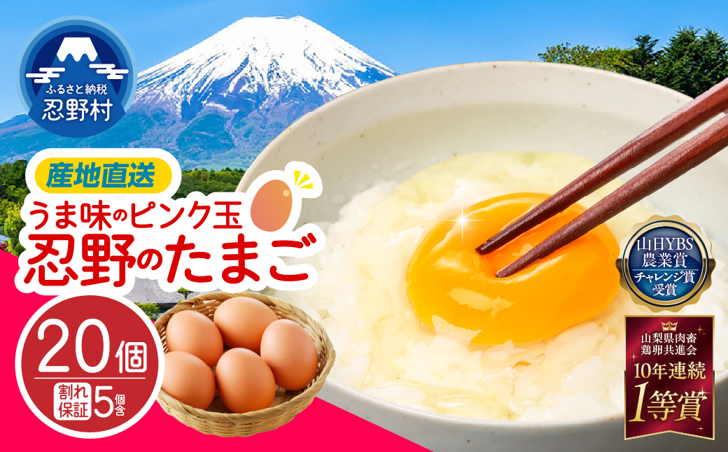 ”忍野の卵”旨味のピンク玉※卵15個+割れ保証5個　計20個