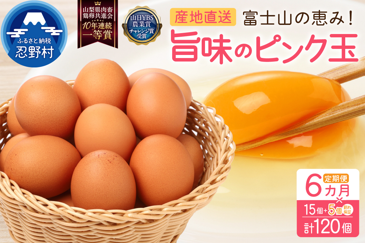 【6ヶ月定期便】”忍野の卵”旨味のピンク玉　※卵15個+割れ保証5個　計120個