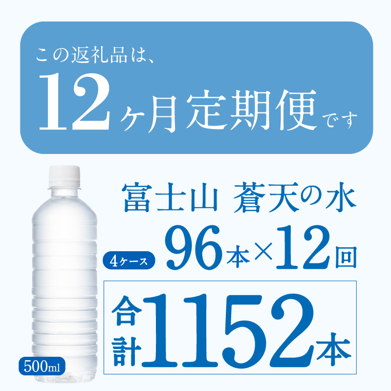 【12ヶ月定期便】富士山蒼天の水 500ml×96本（4ケース）ラベルレス