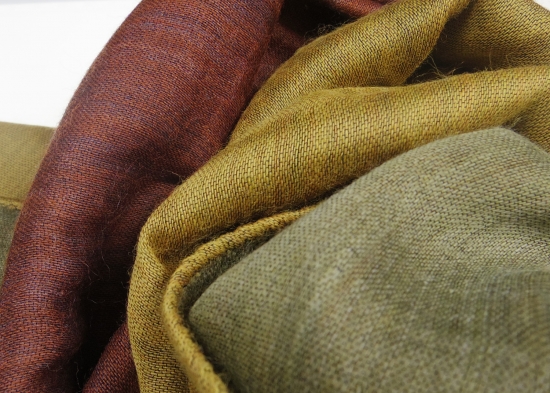 富士桜工房「やすらぎストール」ゴールド×モスグリーン×テラコッタ×グレイッシュブルー 男女兼用ウール＆シルクの二重ガーゼ構造