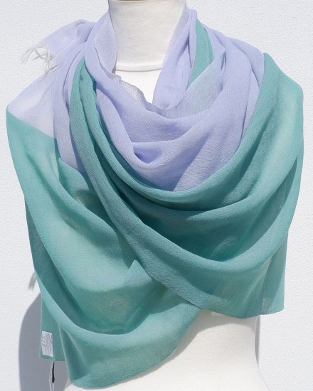 富士桜工房ウールガーゼストール「KASANE」小栗色（ターコイズ×ライトブルー）無縫製 二重織