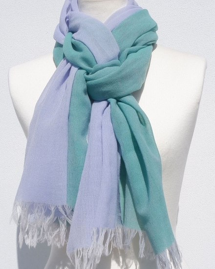 富士桜工房ウールガーゼストール「KASANE」小栗色（ターコイズ×ライトブルー）無縫製 二重織