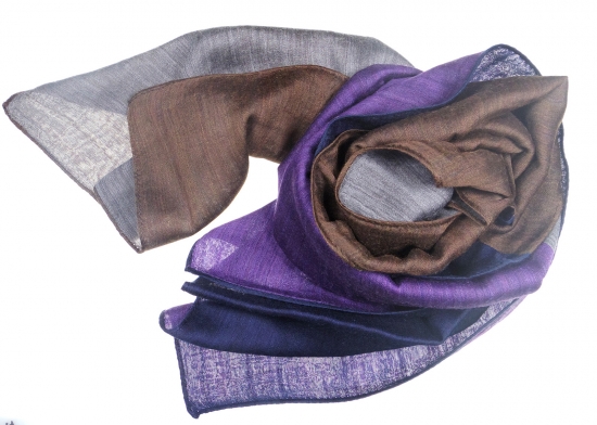 富士桜工房「やすらぎストール」グレー×ブラウン×ネイビー×パープル 男女兼用ウール＆シルクの二重ガーゼ構造