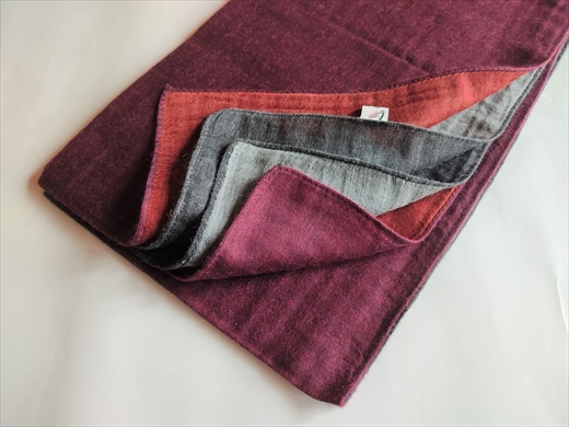 富士桜工房「やすらぎストール」シルバー×グレー×ダークレッド×パープル 男女兼用ウール＆シルクの二重ガーゼ構造
