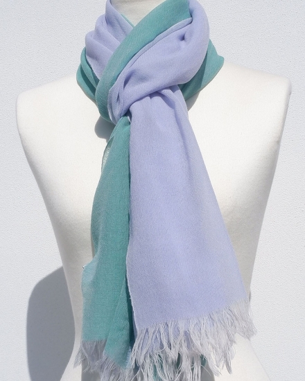 富士桜工房ウールガーゼストール「KASANE」小栗色（ターコイズ×ライトブルー）無縫製 二重織