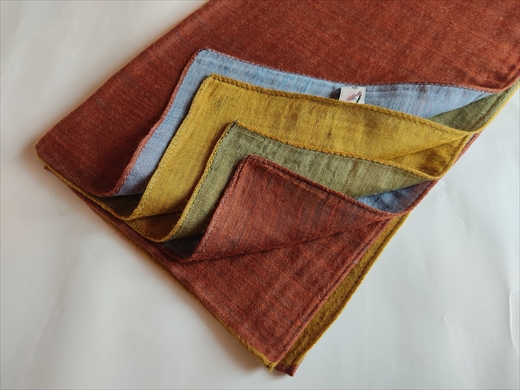 富士桜工房「やすらぎストール」ゴールド×モスグリーン×テラコッタ×グレイッシュブルー 男女兼用ウール＆シルクの二重ガーゼ構造