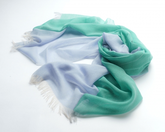 富士桜工房ウールガーゼストール「KASANE」小栗色（ターコイズ×ライトブルー）無縫製 二重織