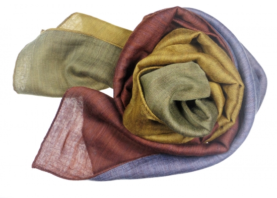 富士桜工房「やすらぎストール」ゴールド×モスグリーン×テラコッタ×グレイッシュブルー 男女兼用ウール＆シルクの二重ガーゼ構造