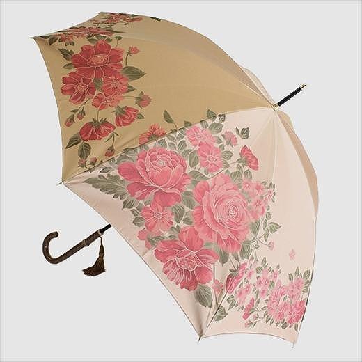 槙田商店【晴雨兼用】長傘 ”絵おり”  大バラ：ベージュ