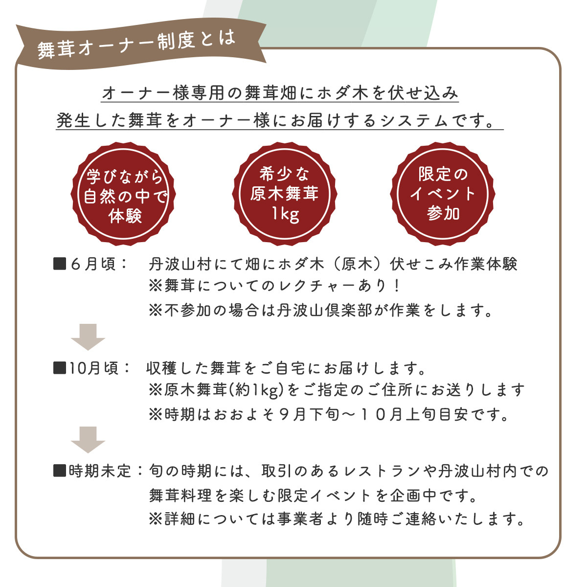 【先行予約】【舞茸約1kg付きの体験イベント】2024年舞茸オーナー制度＆畑づくり体験