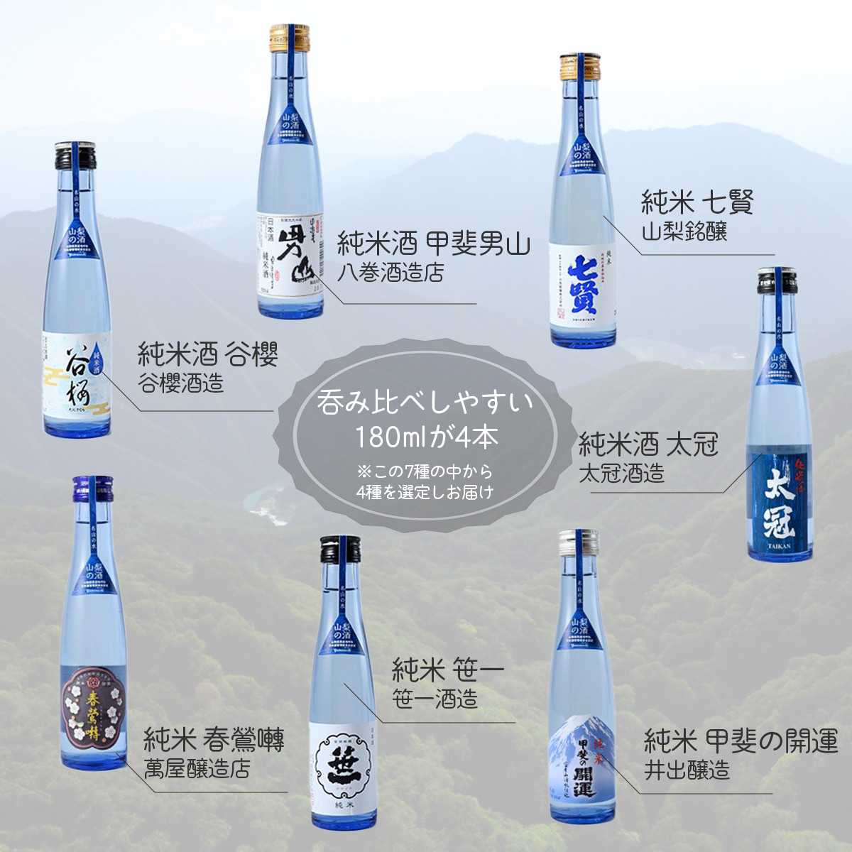 山梨の「山の酒」純米酒飲み比べ4本セット