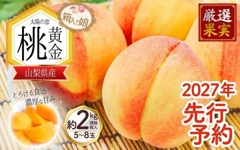 【来年2027年出荷分 先行予約】朝もぎ直送「黄金桃」 マンゴーピーチ 5～8玉 約2kg規格箱入り【高機能共選機使用】選び抜かれた桃《もも 先行予約》 山梨県産 モモ / フルーツ 果物 くだもの 人気 産地直送/厳選  贈答 贈り物【tab0098】