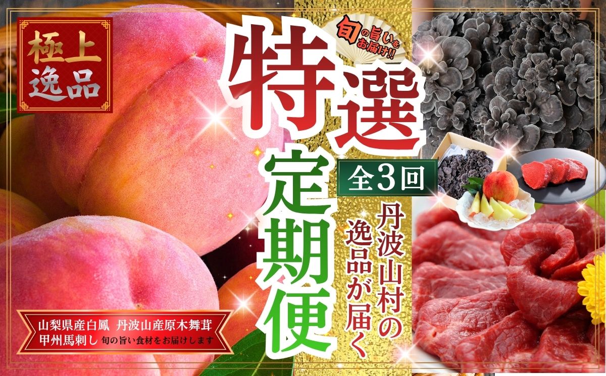 【特選定期便】桃 馬刺し 舞茸 旨味を極めた至高の定期便【全3回】 朝もぎ直送 山梨県産桃 白鳳 2kg 桃 モモ 甲州馬刺し 国産 ロース 原木舞茸 きのこ 贈り物 贈答品 ギフト 送料無料【tab0246】