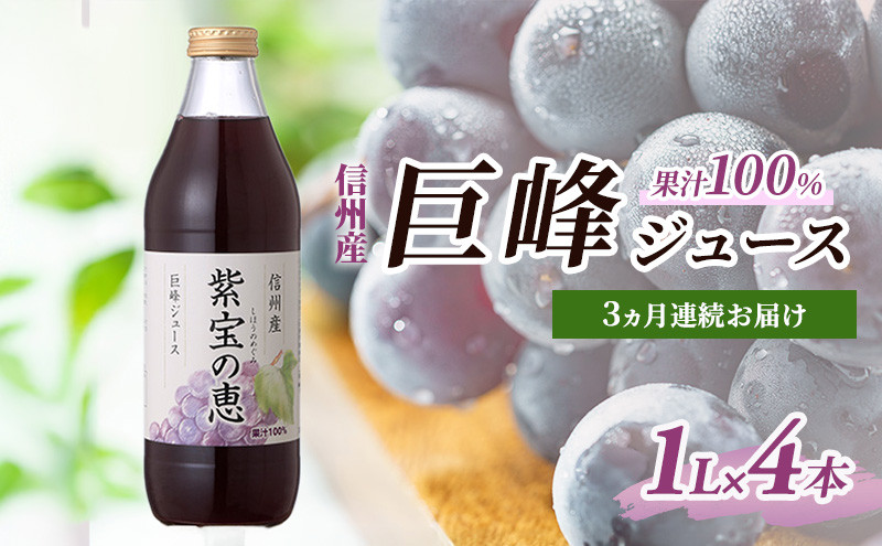 【定期便】3ヵ月連続お届け 信州産 巨峰ジュース 果汁100％　「紫宝の恵」 (1L×4本) |  ジュース 巨峰 信州産 紫宝の恵 ストレート 人気 おすすめ 果汁100% ぶどう ブドウ 葡萄 飲料 ドリンク 果物 定期便 送料無料 長野県 長野市 信州 信濃 ふるさと納税