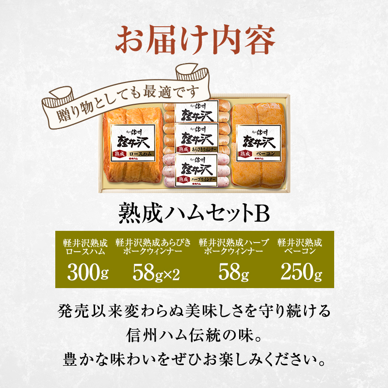 爽やか信州軽井沢 熟成 セット B 詰め合わせ / 熟成 ロースハム 300g 熟成 ベーコン 250g 熟成 あらびきウインナー 58g 2個 熟成 ハーブ ウインナー 58g 信州ハム