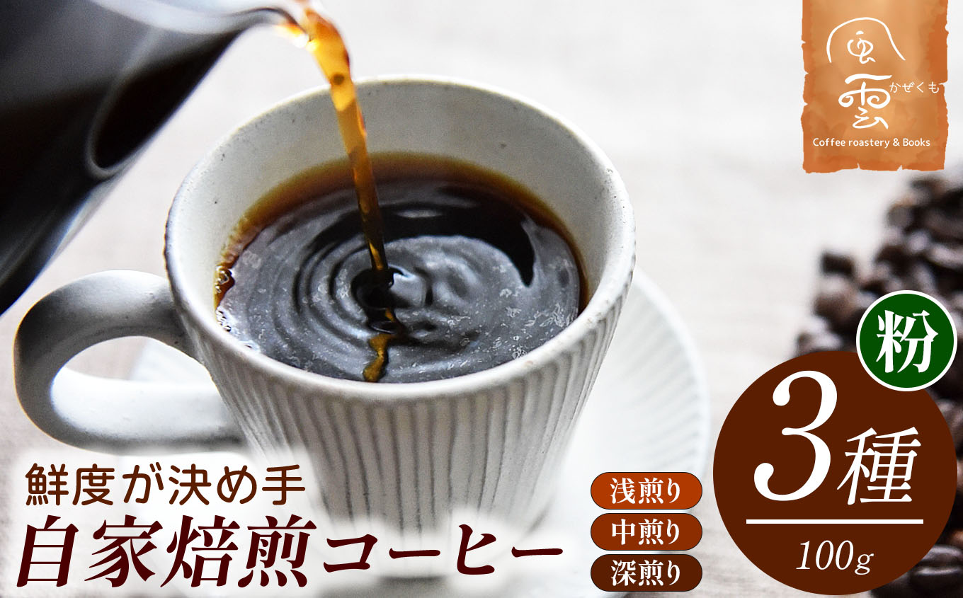 鮮度が決め手 自家焙煎コーヒー 粉 100g×3種 (産地はお任せ 浅煎り・中煎り・深煎りの3種類)