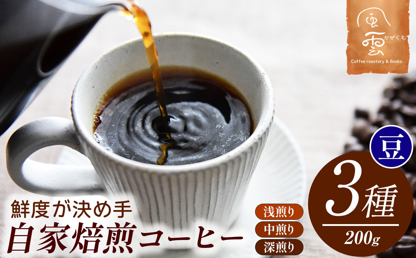 鮮度が決め手 自家焙煎 コーヒー 豆 200g×3種　（豆：産地はお任せ　浅煎り・中煎り・深煎りの3種類）【024-06】