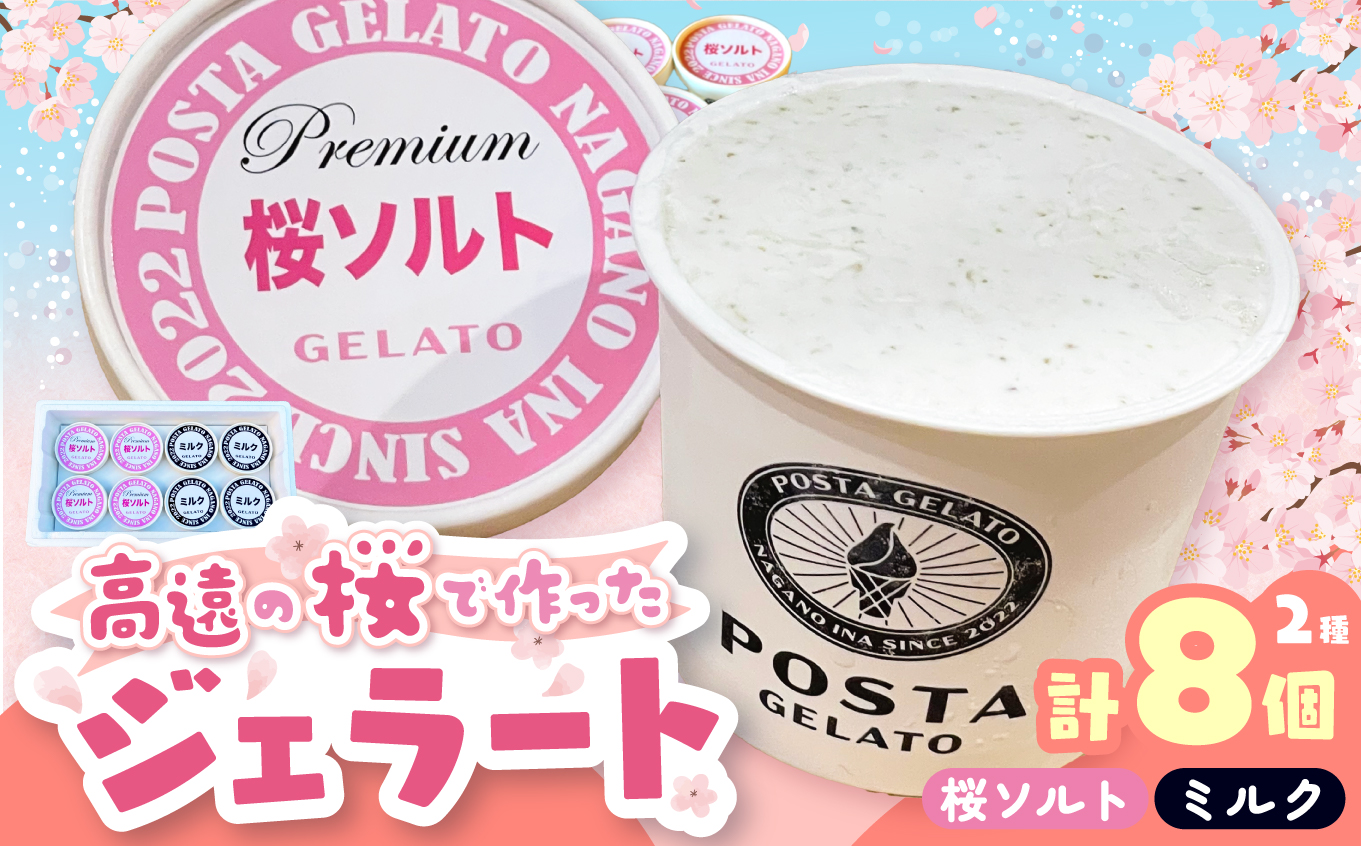 高遠の桜で作ったジェラート 桜ソルト 4個、ミルク 4個　合計130ml×8個 |ジェラート アイス おやつ あまい 冷たい 高遠 桜 ソルト ミルク フレーバー 長野県 伊那市 信州産 冷凍便 ふるさと納税【016-22】