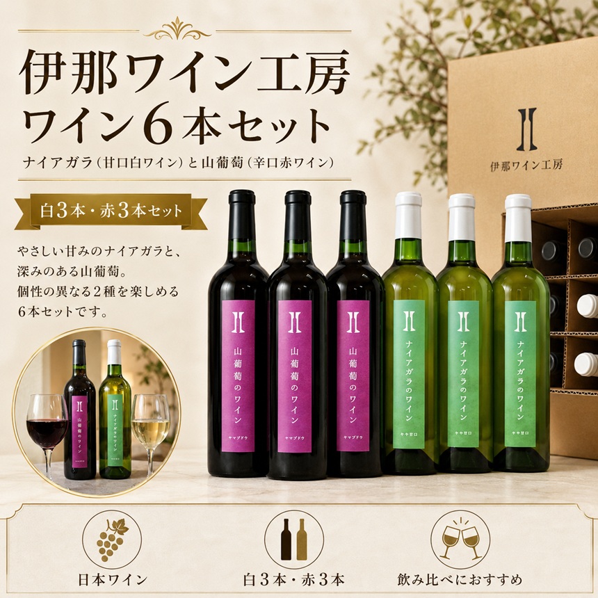 ワイン 伊那ワイン工房 ワイン 6本 セット（ ナイアガラ と 山葡萄 のワイン）｜ワイン 赤ワイン 白ワイン 辛口ワイン 甘口ワイン お酒 アルコール 飲料 信州 飲み比べ 長野県 伊那 信州【041-05】
