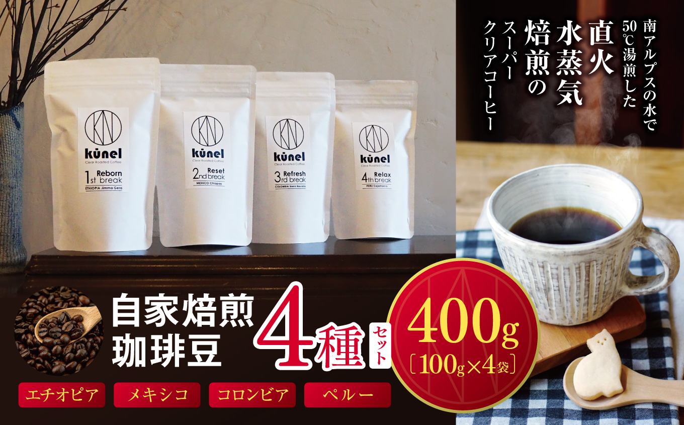 自家焙煎珈琲豆100g4種セット(エチオピア・メキシコ・コロンビア・ペルー)| 飲料 カフェイン 珈琲 coffee コーヒー豆 エチオピア メキシコ コロンビア ペルー 自家焙煎珈琲豆 伊那 長野 信州 ふるさと納税[016-24]