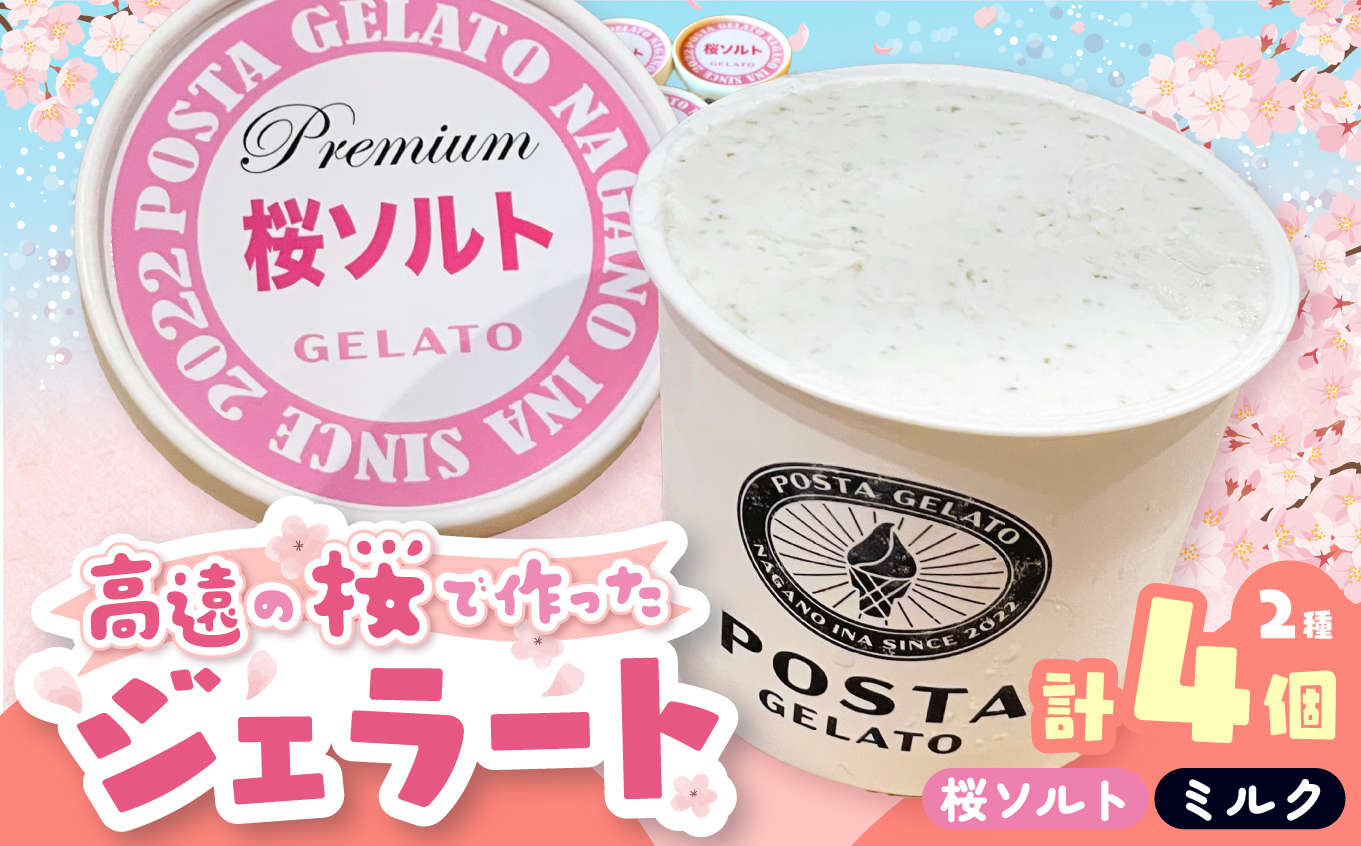 高遠の桜で作ったジェラート 桜ソルト 2個、ミルク2個 合計130ml×4個 |ジェラート アイス おやつ あまい 冷たい 高遠 桜 ソルト ミルク フレーバー 長野県 伊那市 信州産 冷凍便 ふるさと納税【010-c3】