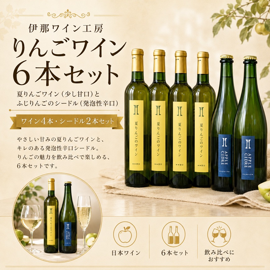 ワイン 伊那ワイン工房 りんご ワイン 6本 セット（ 夏りんご ワイン と シードル ）｜ワイン りんご シードル お酒 アルコール 飲料 信州 飲み比べ 長野県 伊那 信州【030-26