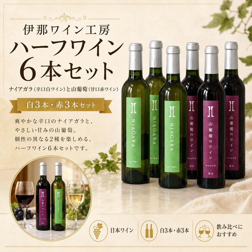 ワイン 伊那ワイン工房 ハーフ ワイン 6本 セット （ ナイアガラ 辛口 と 山葡萄 甘口 ）｜ワイン 赤ワイン 白ワイン 辛口ワイン 甘口ワイン ハーフワイン お酒 アルコール 飲料 信州 飲み比べ 長野県 伊那 信州【027-19】