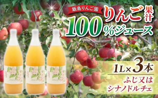 果汁100％りんごジュース（ふじ又はシナノドルチェ）３本【飯島りんご園】
