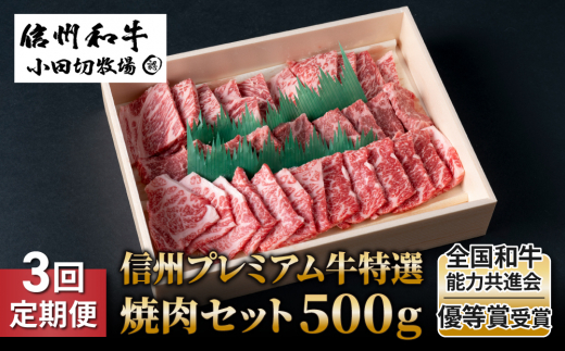 【3回定期便】小田切牧場信州プレミアム牛特選　焼肉セット500ｇ