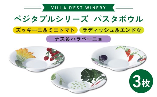 【ヴィラデストワイナリー】ベジタブルシリーズ食器　パスタボウル３枚（ズッキーニ＆ミニトマトとラディッシュ＆エンドウとナス＆ハラペーニョ）セット