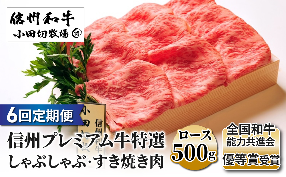 【６回定期便】小田切牧場信州プレミアム牛特選　しゃぶしゃぶ・すき焼き肉　ロース500ｇ